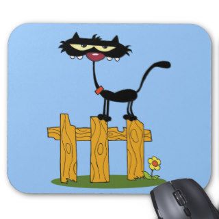 Black Cartoon Cat Standing On Fence Mousepads