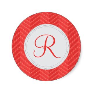 Poppy Red Monogram Thin Chevron Pattern Round Stickers