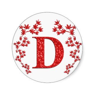 Monogram Letter D Red Leaves Round Sticker