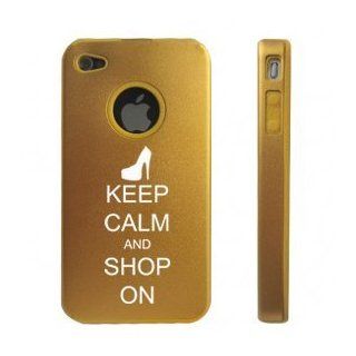 Apple iPhone 4 4S 4G Gold D1753 Aluminum & Silicone Case Cover Keep Calm and Shop On High Heel Cell Phones & Accessories