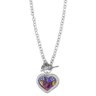 Sterling Silver Pressed Flower Heart Necklace with Toggle Closure, 16" Pendant Necklaces Jewelry