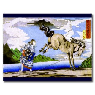 Vintage Kuniyoshi Woman & Horse Fine Art Woodblock Postcards