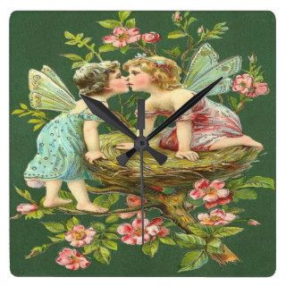 Vintage Romantic Fairies Kissing Each Other Square Wall Clock