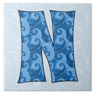 Letter N   Monogrammed Blue Paisley 6 inch Tile