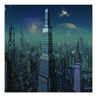 Alien City with UFO in Sky Posters