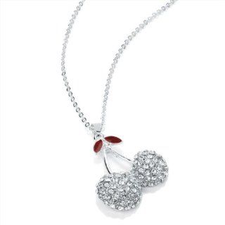 Silver Tone Crystal Stone Cherry Motif Pendant Fashion Necklace Jewelry