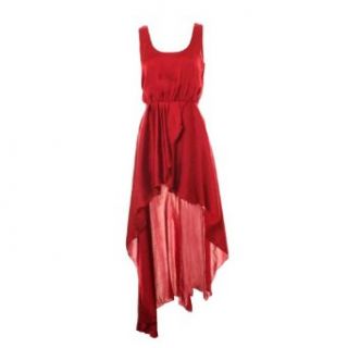 Pandella Women's Red Silk Chiffon High Low Maxi U Neck Dress