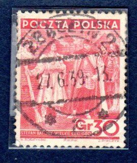 Postage Stamps Poland. One Single 30g Rose Red King Stephen Bathory Commending Wielock, The Peasant, Stamp Dated 1938, Scott #325. 