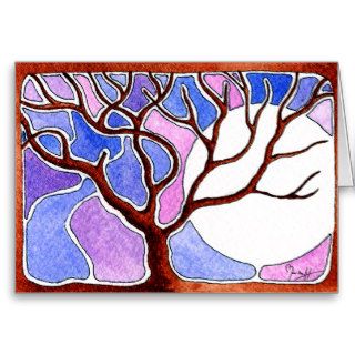 Watercolor Tree and Moon   Blue and Pink Greeting Card