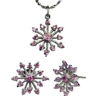 Sparkling Pink Cubic Zirconia Snowflake Silver Pendant Necklace and Stud Earrings Set 16" Jewelry
