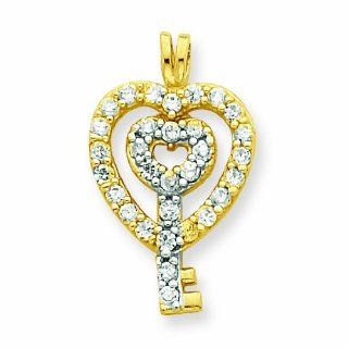 10K Gold CZ Double Heart Key Pendant Jewelry