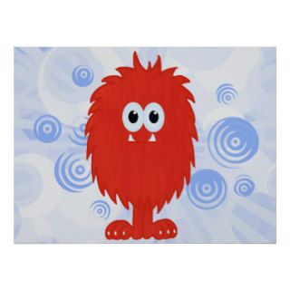Red Furry Monster & Blue Swirls Print