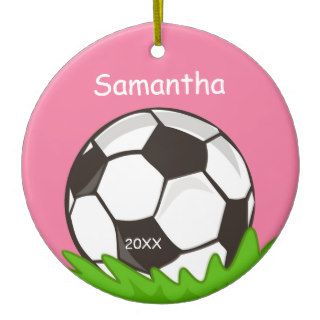 Kids Personalized Soccer Ball Pink Christmas Tree Ornament