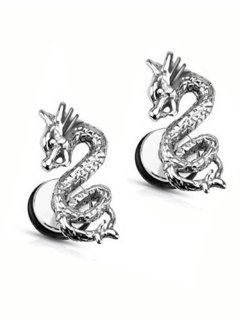 Silver Tone Dragon Barbell Ear Plug Stainless Steel Barbell (316L Surgical Steel) Earring Body Piercing (1pc)  
