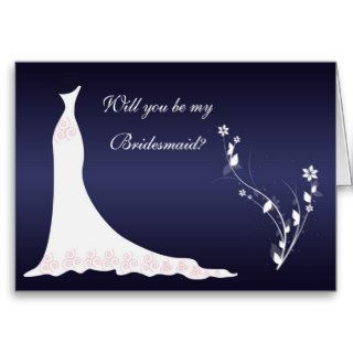 Wedding gown, flowers on dark blue Bridesmaid Greeting Cards