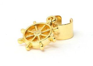 Nautical Ship's Wheel Ear Cuff Wrap Dangling Gold Tone CD06 Vintage Yacht Captain Earring Fashion Jewelry Jewelry