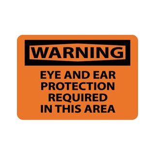 NMC W406AB OSHA Sign, Legend "WARNING   EYE AND EAR PROTECTION REQUIRED IN THIS AREA", 14" Length x 10" Height, Aluminum, Black on Orange Industrial Warning Signs