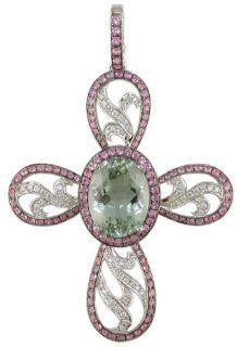 18KW Prasiolite, Pink Sapphire & Diamond Cross Pendant w/ Black Rhodium Judy Mayfield Jewelry