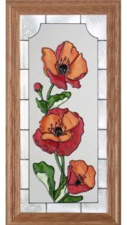 Orange POPPY FLOWERS 11.5x22.5 Painted Glass Picture Framed Window   Stained Glass Window Panels