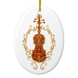 Intricate Golden Red Violin Design on White Christmas Tree Ornament