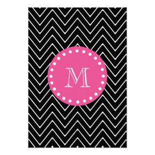 Hot Pink, Black and White Chevron  Your Monogram Personalized Announcements