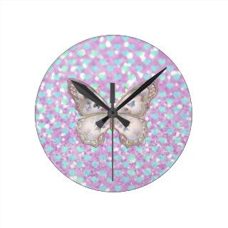 Girly Pink Butterfly Blue Hearts Glitter Pattern Clock