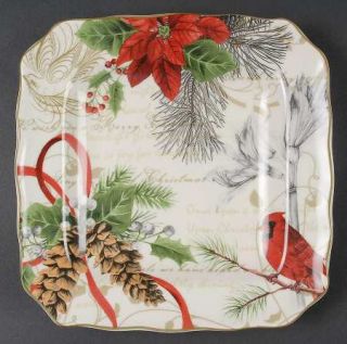 222 Fifth (PTS) Holiday Wishes Square Salad Plate, Fine China Dinnerware   Flowe