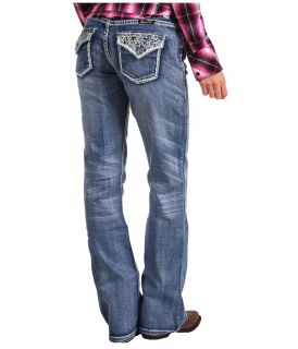 Rock and Roll Cowgirl Low Rise Boot Cut Jean Lace Back Pocket Womens Jeans (Navy)