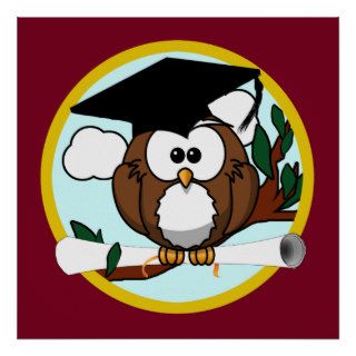 Cute Cartoon Graduation Owl With Cap & Diploma Poster