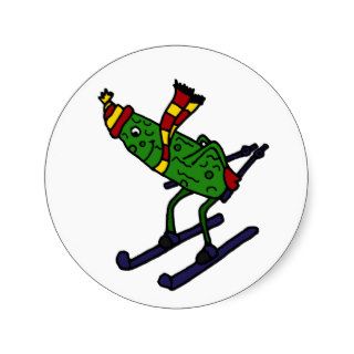 Funny Pickle Skiing Cartoon Round Stickers