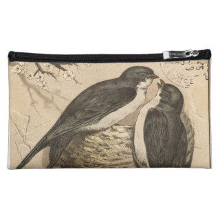 Vintage Black White Cute Love Birds Painting Cosmetic Bags