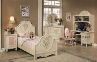 4pc Full Size Bedroom Set with Floral Design White Finish   Bedroom Furniture Sets