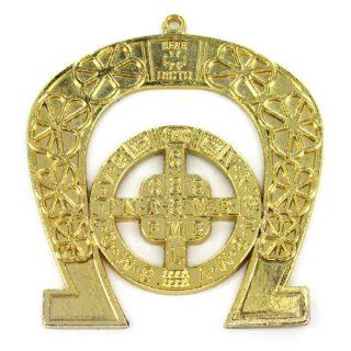 Saint Benedict (San Benito) Home Blessing Medal with Good Luck Horseshoe   3 1/2" x 3 1/2"   Nicely Decorated in Gold Color   Includes Prayer Card (English & Spanish) Charms Jewelry