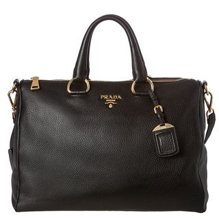 Prada 'Vitello Daino' Pebbled Black Leather Satchel Prada Designer Handbags