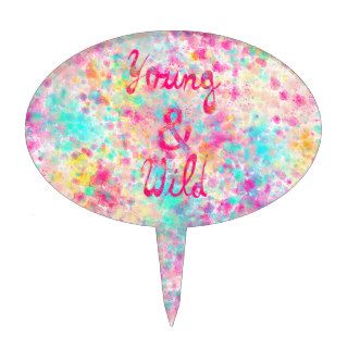 Girly neon Pink Teal Abstract Splatter Typography Cake Topper