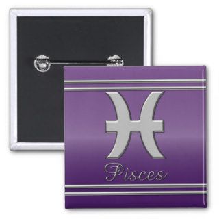 Pisces Symbol in Chrome on Amethyst Effect Pinback Buttons