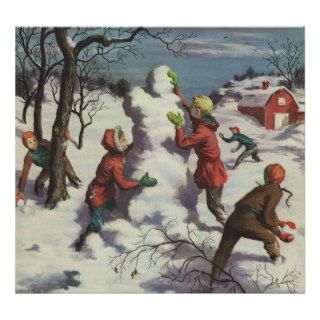 Vintage Christmas, Children Playing in the Snow Print