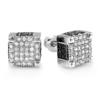 1.00 Carat (ctw) Sterling Silver Mens Round Black & White Diamond Micro Pave Ice Cube Hip Hop Stud Earrings 1 CT Jewelry