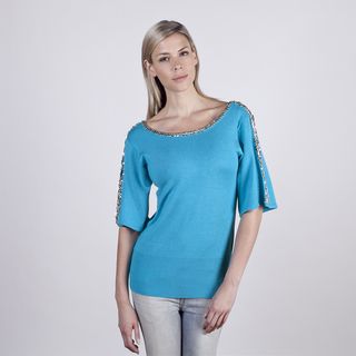 Colour Works Women's Turquoise Beaded Trim Kimono Sleeve Top Colour Works Short Sleeve Shirts