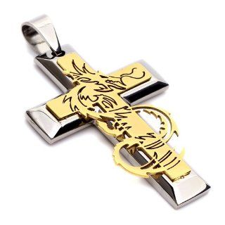 K Mega Jewelry Stainless Steel Gold & Silver Colour Dragon Cross Mens Pendant Necklace Jewelry