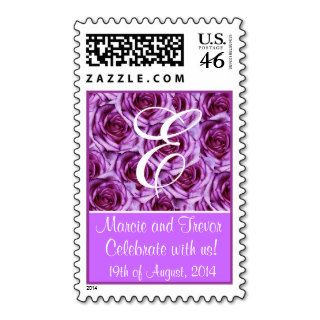 Purple Roses Monogram Wedding Stamp Letter E