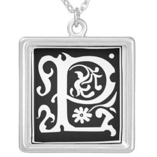 Old Calligraphy Letter P Monogram Silver Necklace