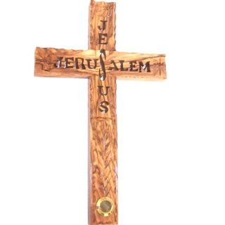 Olive wood Cross made with Cut or See Through design   Great details and carvings on front   25cm   10 inches with Olive wood Tree Leaves and Certificate and Lord's prayer card   Collectible Figurines