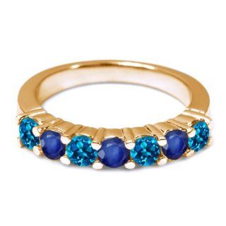 1.52 Ct Round London Blue Topaz Blue Sapphire 14K Yellow Gold Wedding Band Ring Jewelry