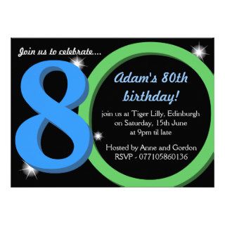 Mens Green / Blue Eightieth 80th Birthday Party Invitations