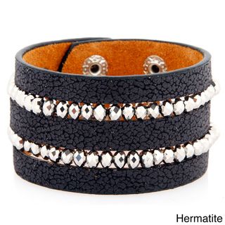 Crackled Leather and Silvertone Crystal Row Bracelet West Coast Jewelry Fashion Bracelets