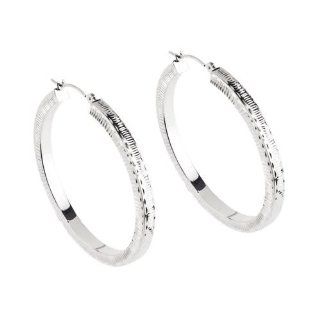 14kt White Gold Diamond Cut Stripe Design Large Round Hoop Earrings Jewelry