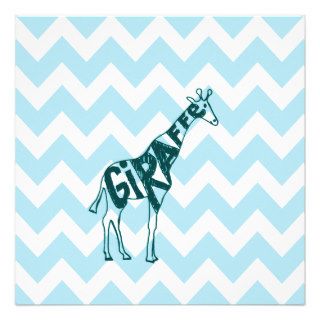Cute Giraffe Hand Drawn Sketch on Blue Chevron Personalized Announcements