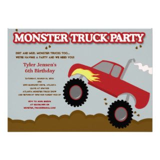 Monster Truck Birthday Party (Red / Gray Colors) Personalized Invitations