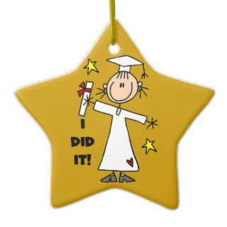 White Stick Figure Girl Graduate on Gold Christmas Tree Ornament